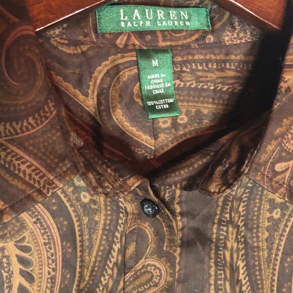 Lauren Ralph Lauren Brown Paisley 100% Cotton‎ Button Down Shirt Size Medium - Picture 3 of 6